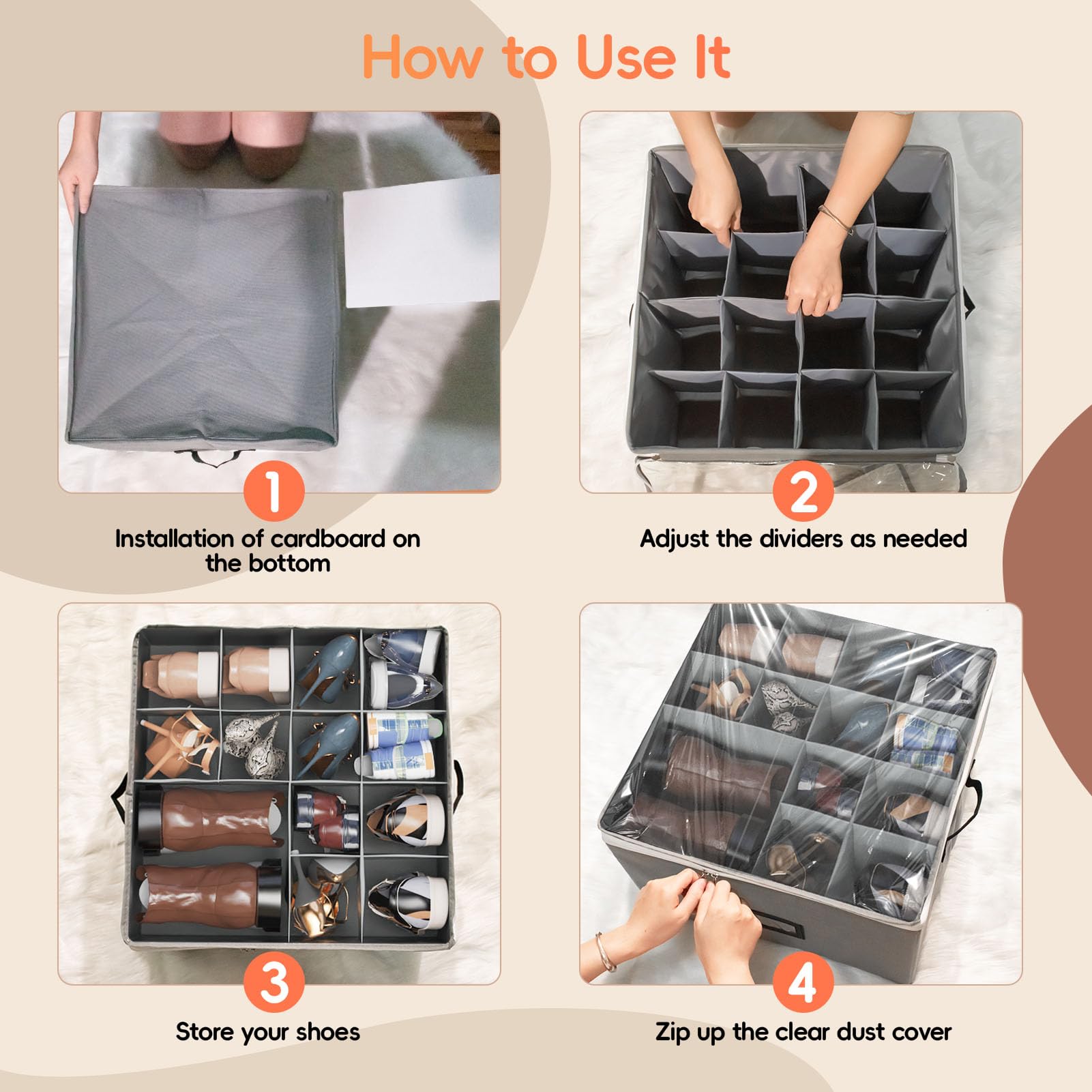 2 Pack Large Shoe Organizer for Closet - Fabric Storage Box with Clear Cover Holds 16 Pairs, Adjustable Dividers for Shoes, Handbags, Blankets & Clothing | Perfect for Bedroom, Walk-in Closet & Entryway Organization