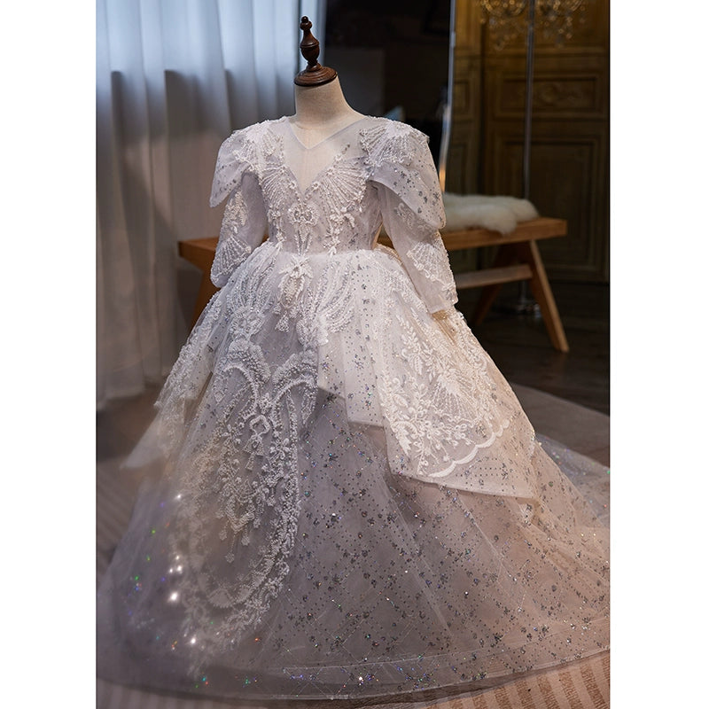 Princess V-Neck Floor-Length Organza Flower Girl Dress for Weddings, Baptisms & Special Occasions