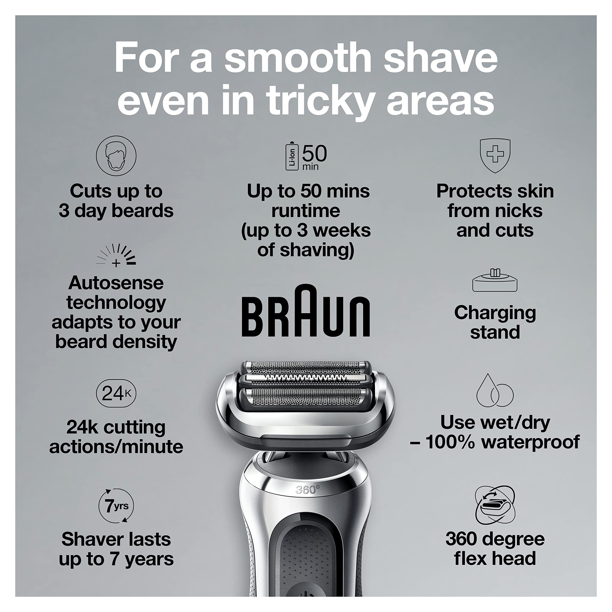 Braun Series 7 7027cs Men's Electric Shaver - Waterproof Foil Shaver for Wet & Dry Shaving with Beard Trimmer - Rechargeable Razor with Charging Stand & Travel Case (Silver Black) - Perfect for Home Use, Travel & Daily Grooming