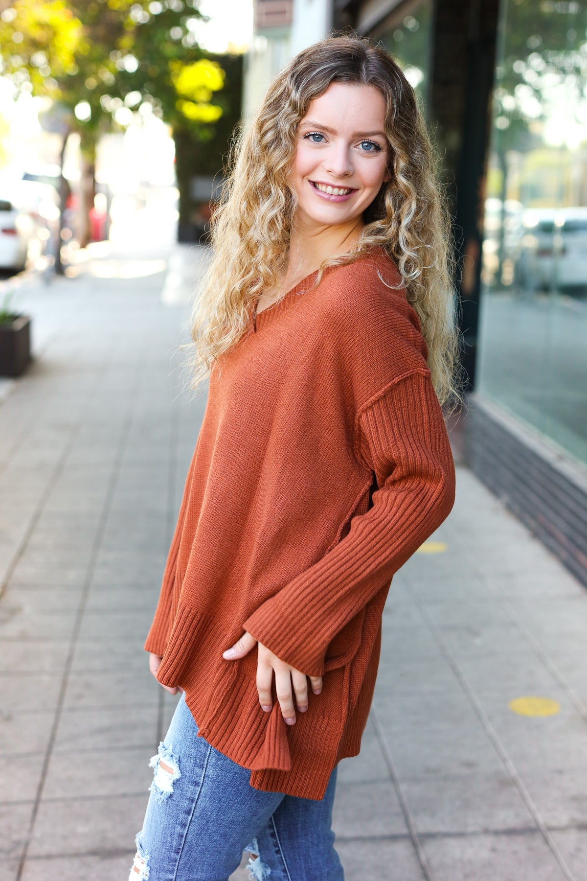 Stylish Rust Oversized V-Neck Rib Knit Sweater for Women | Cozy Fall & Winter Pullover | Perfect for Casual Outings, Date Nights & Office Wear