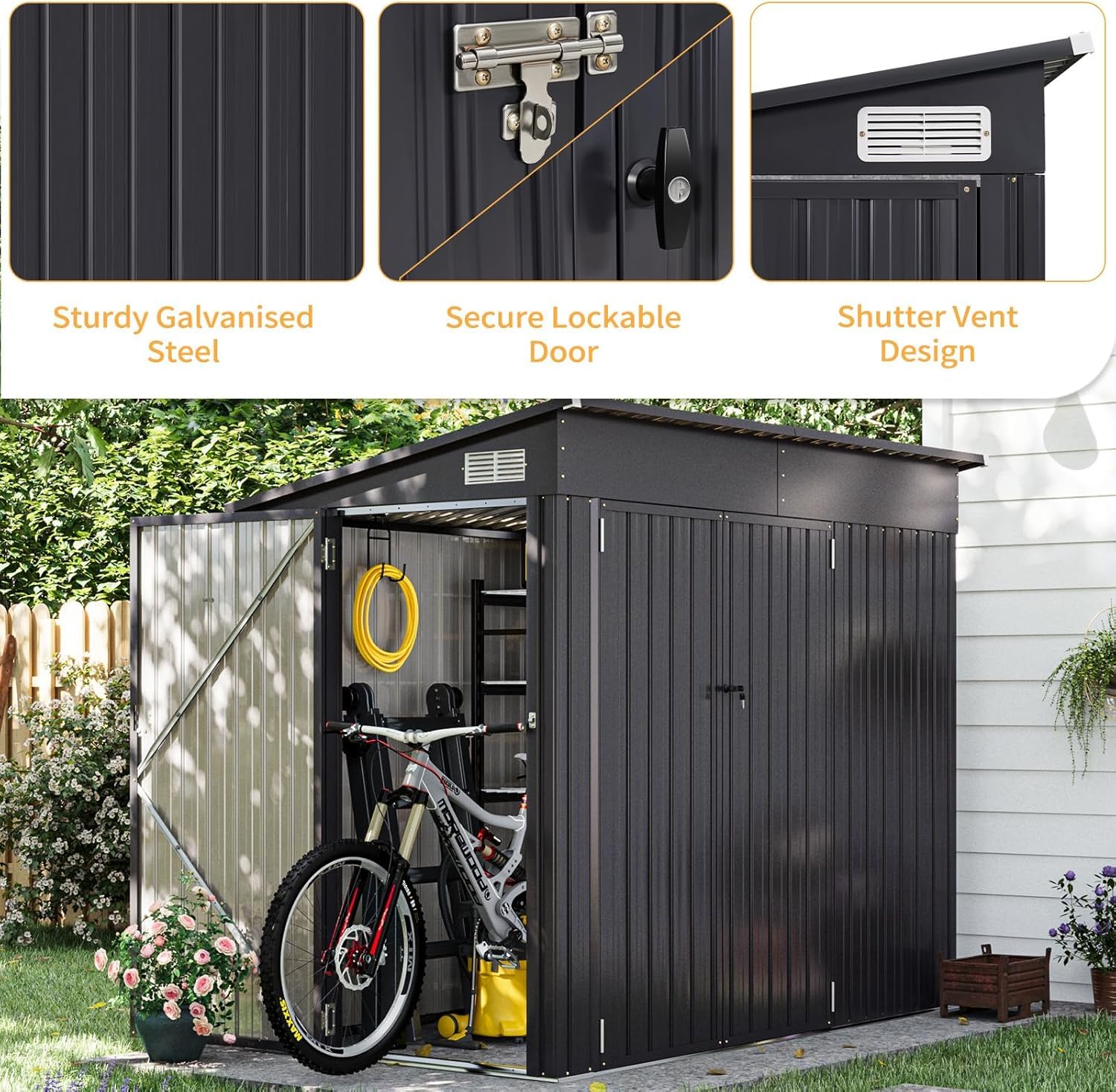 Aoxun 4' x 8' Outdoor Metal Storage Shed with Triple Lockable Doors & Sloping Roof - Heavy Duty Garden Shed for Tools, Bicycles, Lawn Equipment - Perfect for Backyard, Patio, Courtyard, and Garage Storage Solutions
