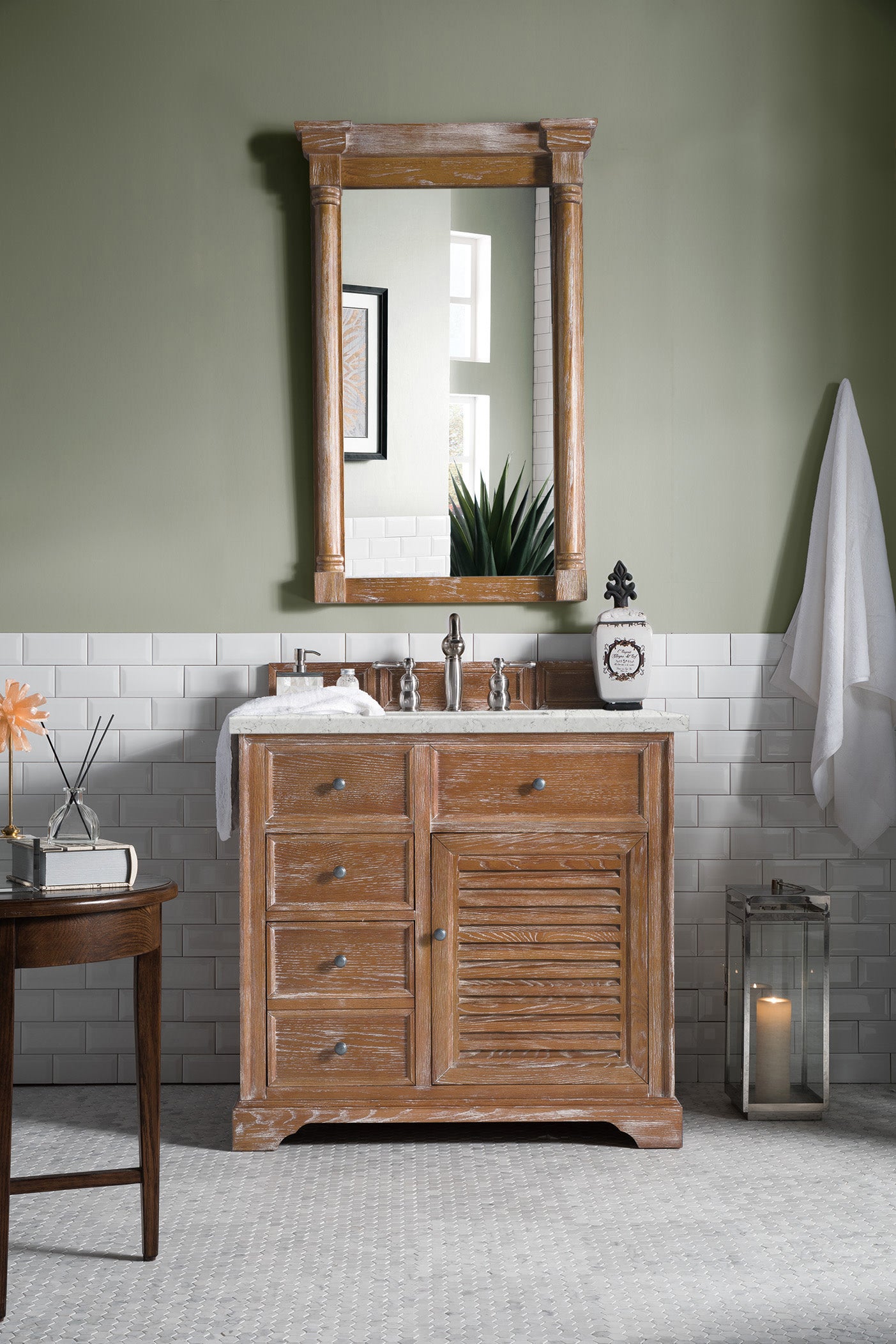 Savannah 36 Inch Single Vanity Cabinet in Driftwood Finish with 3CM Eternal Jasmine Pearl Quartz Countertop - Perfect for Bathroom Makeover, Modern Home Decor & Spa-Style Retreats