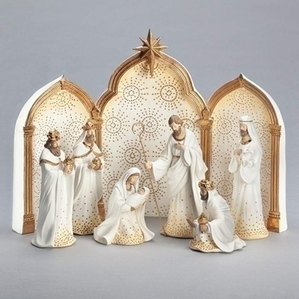 Nativity Scene Set of 9 - 11.25 Inch Roman 133014 Gold Dot Ivory Figurines with Triptych Backdrop for Christmas Decorations, Home & Church Nativity Displays
