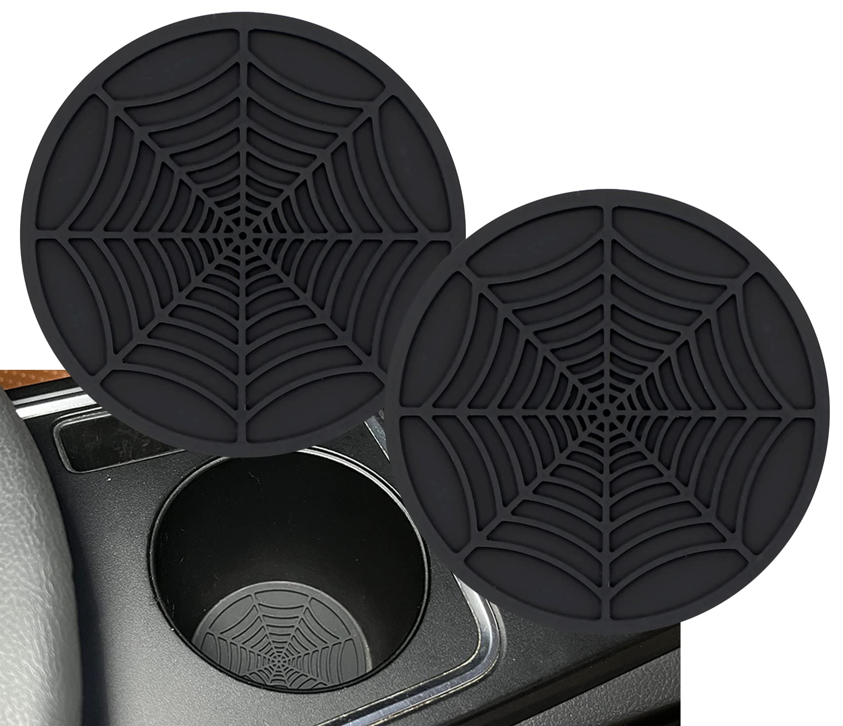 2 Pack Universal Car Cup Holder Coaster - Anti-Slip Auto Cup Holder Insert for Most Vehicles, Durable Spider Web Design Interior Accessories (Black) | Perfect for Road Trips, Commuting & Preventing Spills