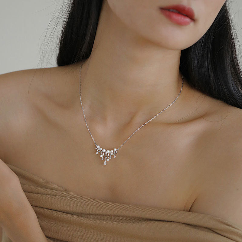 Elegant Pearl Waterfall Necklace with Sparkling Teardrop CZ Stones | R0308 | Perfect for Weddings, Parties & Special Occasions