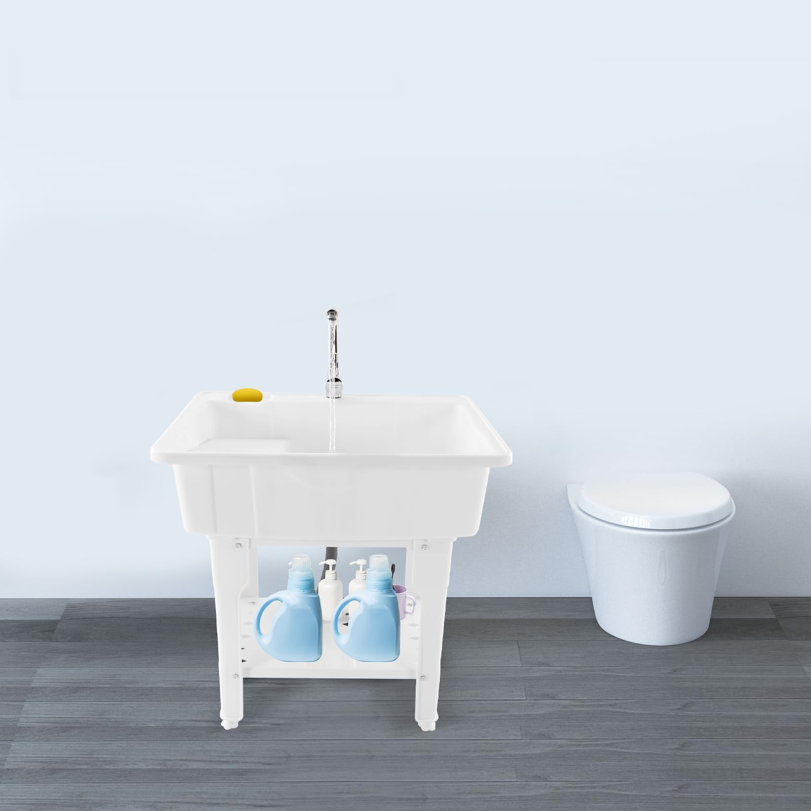 Freestanding Plastic Laundry Sink with Washboard - 25.59x21.65x31.5 Inch Utility Sink with Hot/Cold Faucet, Hoses & Drain Kit - Perfect for Garage, Basement, Garden & Outdoor Cleaning Tasks