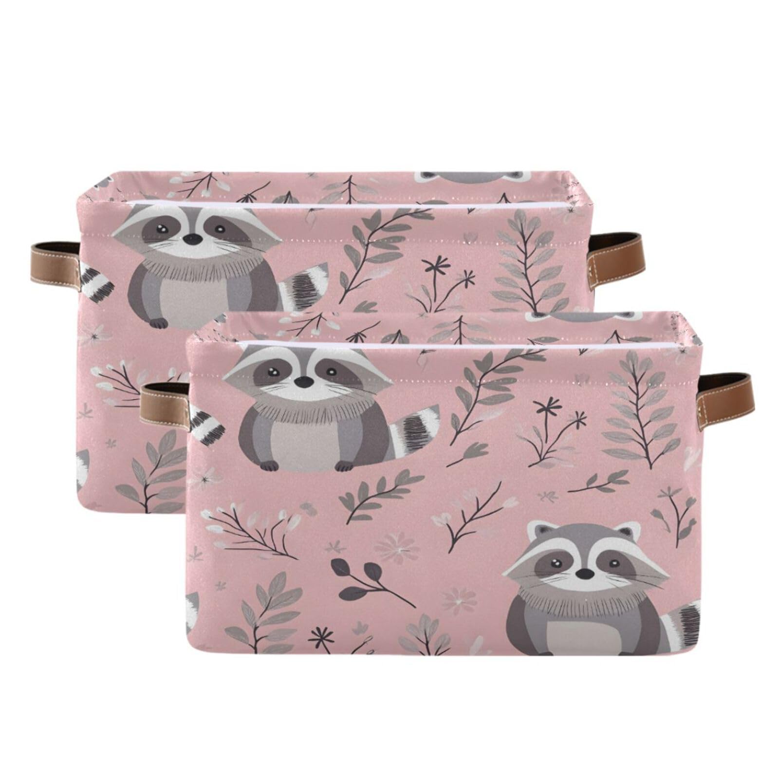 Cute Raccoon Storage Basket 2 Pack - Collapsible Canvas Rectangular Bin with Leather Handles for Closet, Office, Nursery | Home Organization & Decor for Kids Room, Laundry, Bathroom Storage