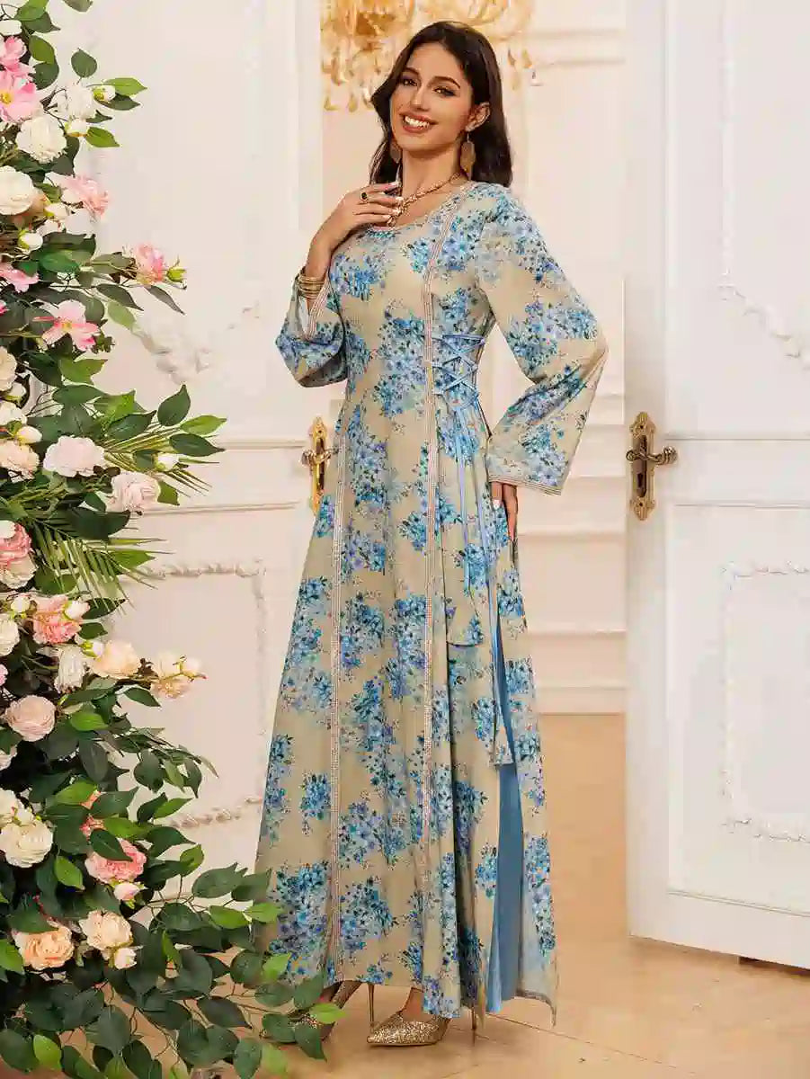 Floral Printed Eid Caftan Dress for Women - Elegant Long Kaftan with V-Neck & Flowy Sleeves #25441 | Perfect for Eid Celebrations, Summer Parties & Beach Cover-Ups