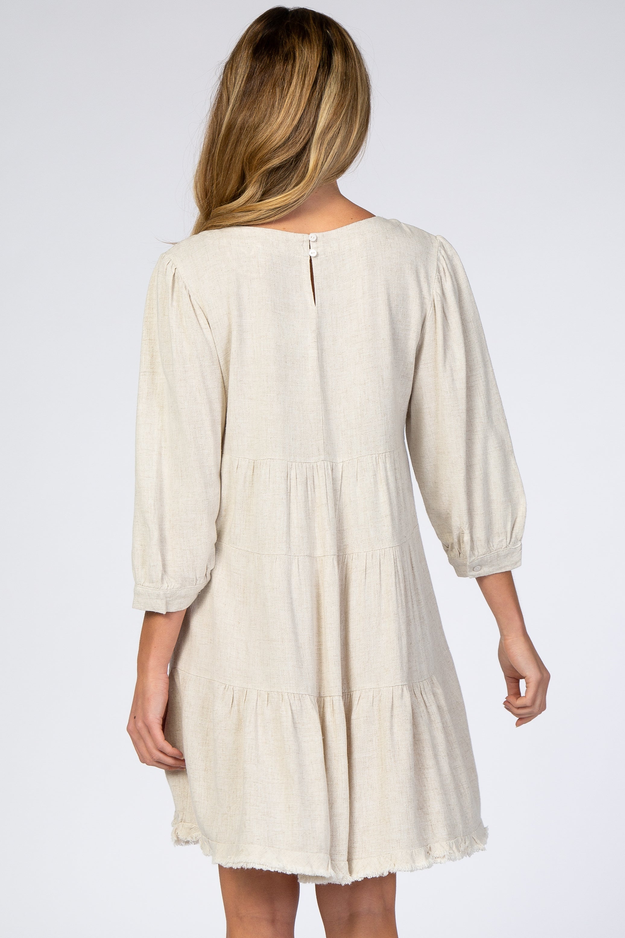 Beige 3/4 Sleeve Pleated Tiered Fringe Hem Maternity Dress for Pregnancy, Nursing & Special Occasions | Comfortable & Stylish Maternity Wear for Baby Showers, Weddings & Everyday Use