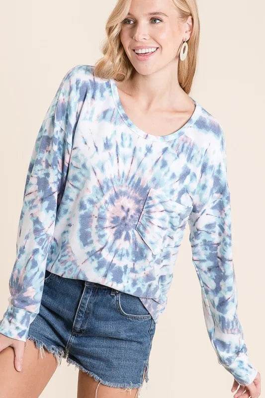 BiBi Tie Dye Print Terry Top with Front Patch Pocket - Stylish Women's Casual Shirt for Summer Outings & Beach Vacations