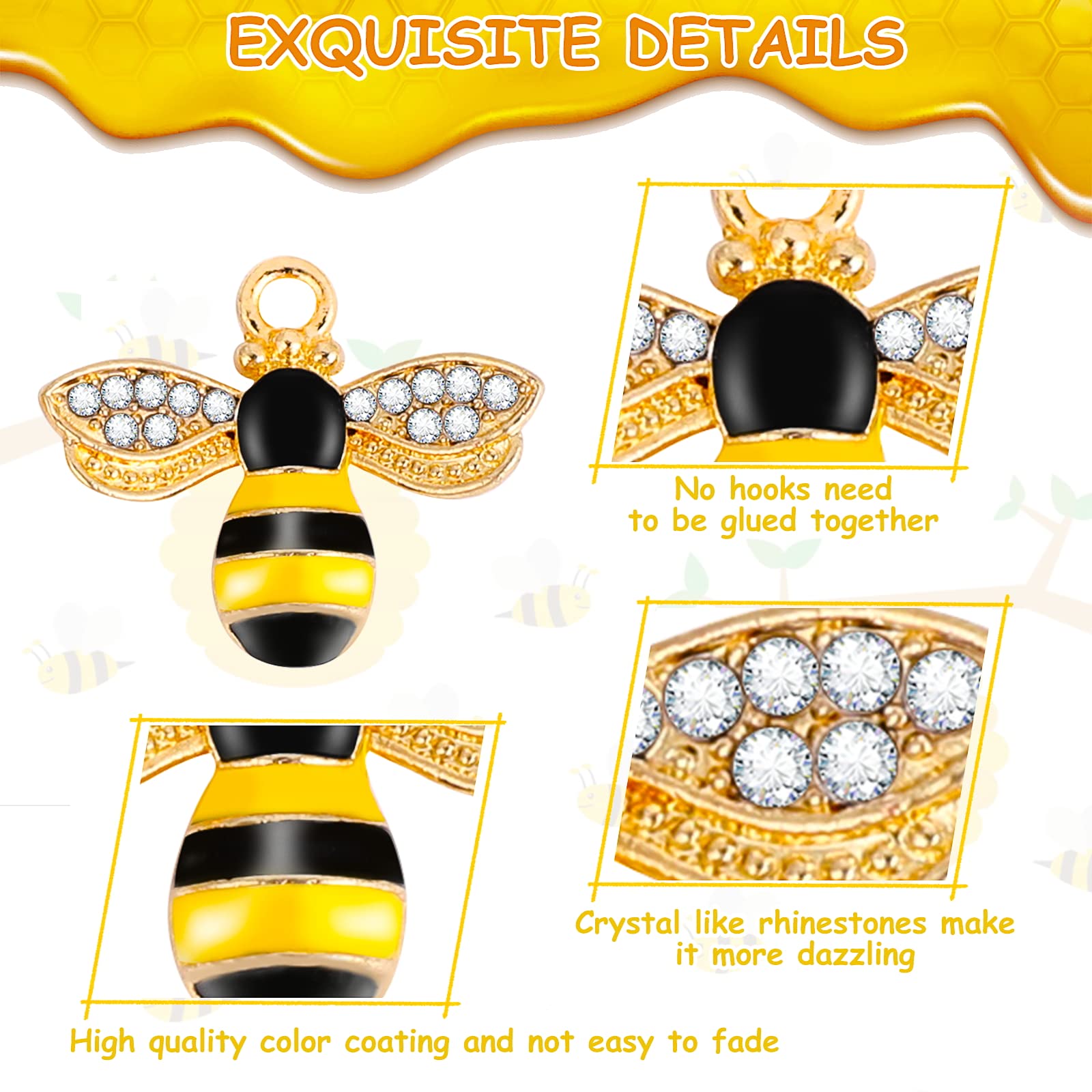 24Pcs Bee Charms - Alloy Enamel Honeycomb Pendants with Rhinestones for DIY Jewelry Making, Earrings & Keychains (12 Bees + 12 Honeycombs) - Perfect for Crafting, Gifts & Boho Style Accessories