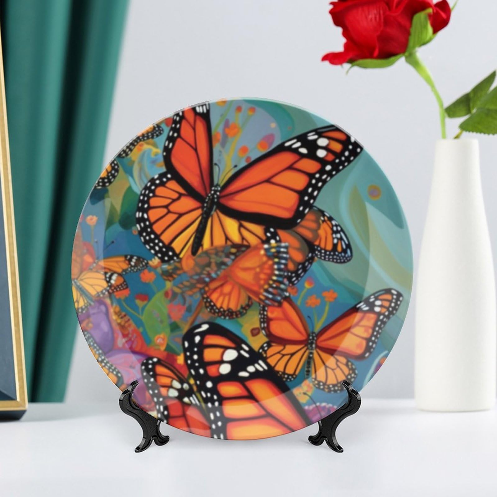 VHP Bone China Decorative Plate - Monarch Butterflies Abstract Ceramic Wall Art for Home & Office Decor with Vertical Stand | Elegant Display for Living Room, Dining Room, Bedroom or Clubhouse