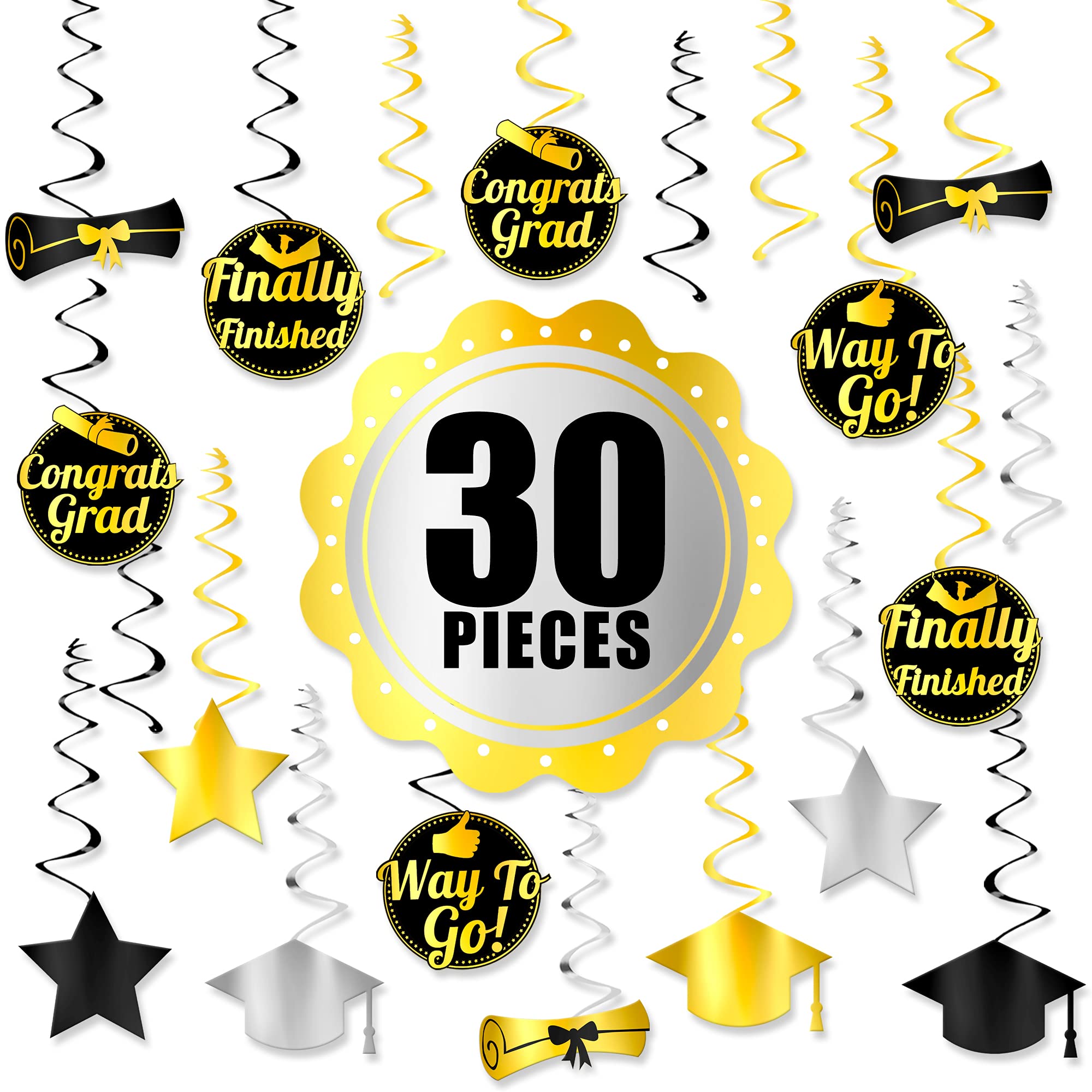 KatchOn Graduation Hanging Decorations - 30 Pack Black & Gold Swirl Ceiling Decor for 2025 Graduation Party | Perfect for Classrooms, Halls & Graduation Ceremonies
