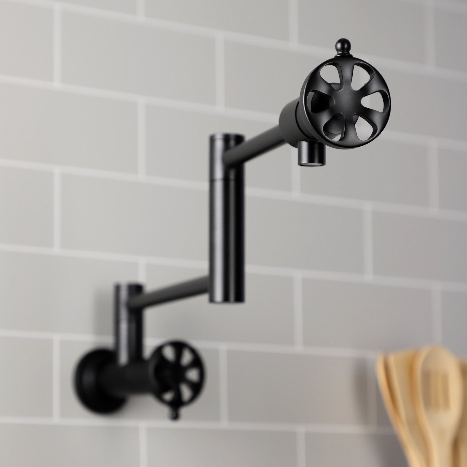 Belknap KS4100RX Matte Black Two Handle Wall Mount Pot Filler Faucet - Ideal for Kitchen Sink, Stove & Cooking Area, Easy Fill Large Pots & Pans