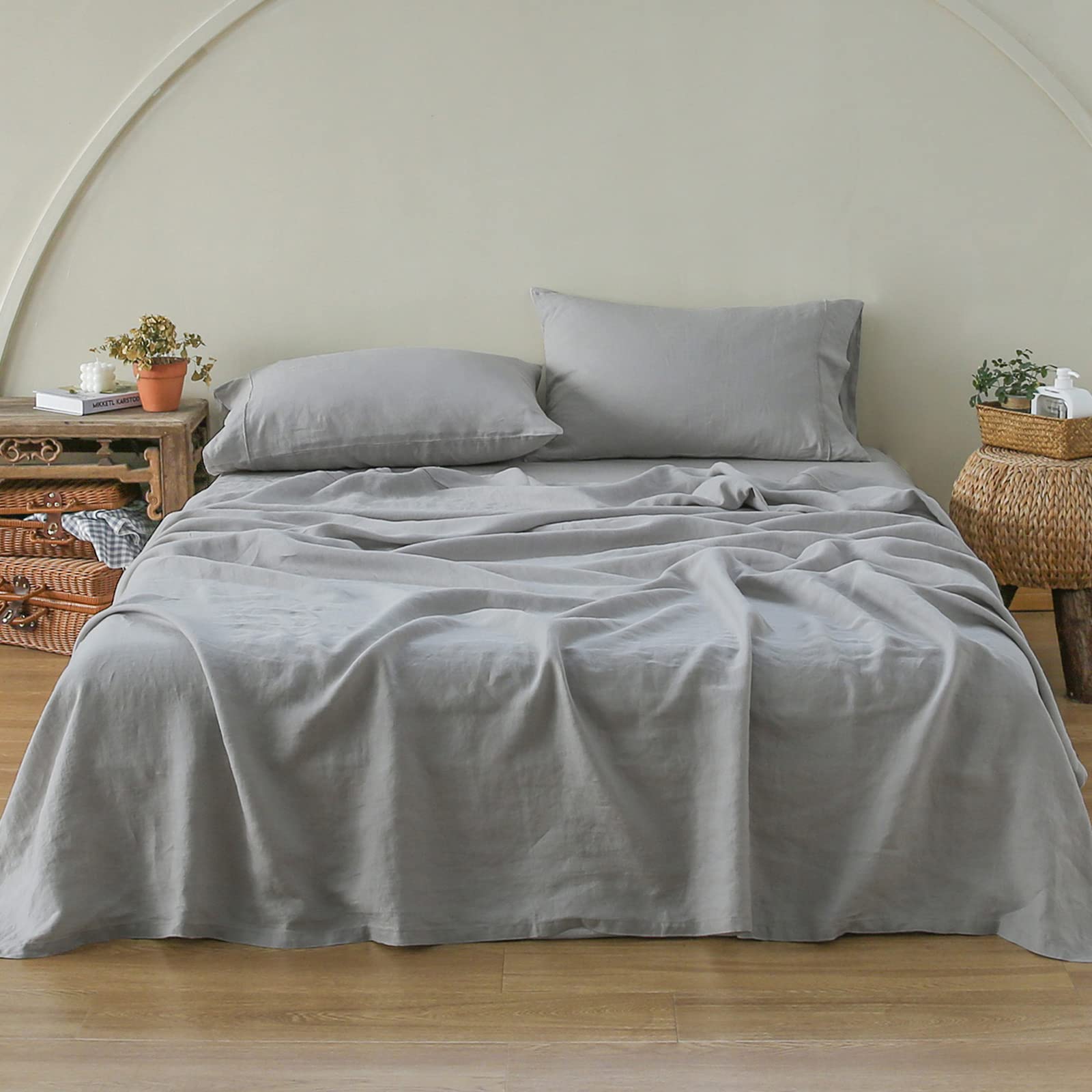 Premium 100% Linen Sheet Set with Elegant Embroidery - 4 Piece King Size Bedding (1 Flat Sheet, 1 Fitted Sheet, 2 Pillowcases) | Natural Flax, Ultra Soft & Breathable | Farmhouse Style Light Grey Bed Sheets for Cozy Sleep & Luxury Home Decor
