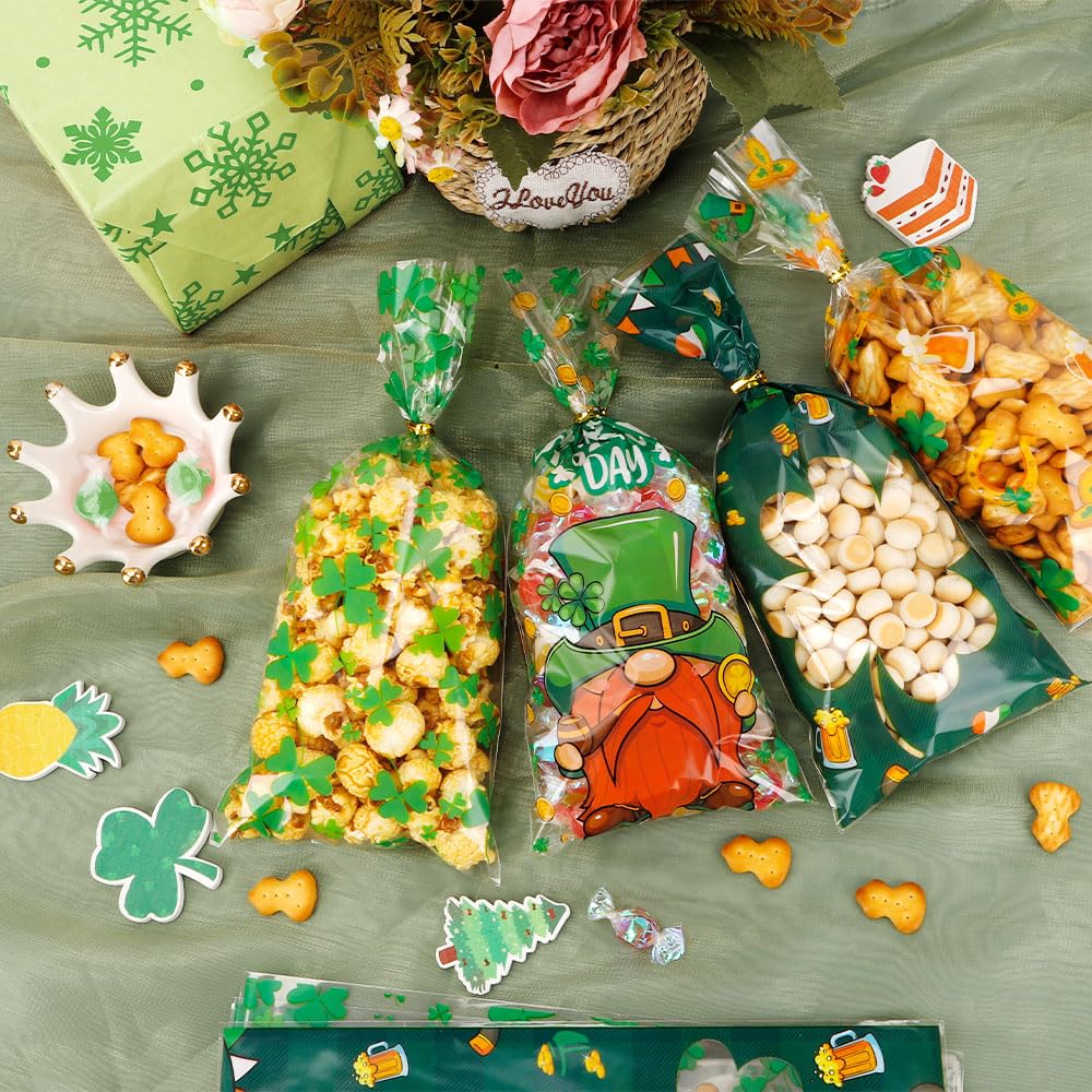 St. Patrick's Day Green Shamrock Cellophane Treat Bags - 100PCS with Twist Ties for Candy, Gifts & Party Favors | Perfect for St. Patrick's Day Celebrations, Irish Themed Parties, Classroom Treats & Holiday Goodie Bags