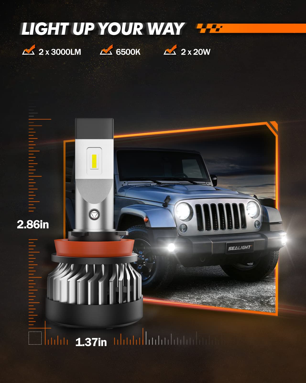 SEALIGHT H11 LED Fog Light Bulbs - 10000LM High Brightness, 6500K Cool White, H11/H8/H16 Compatible - Perfect for Trucks, SUVs, and Cars - Enhanced Visibility in Fog, Rain, and Night Driving (Pack of 2)