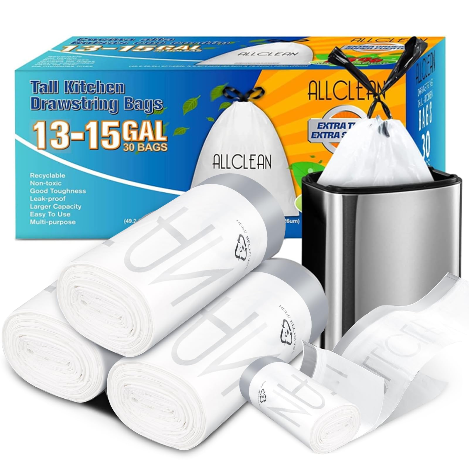 13-15 Gallon Tall Kitchen Trash Bags with Drawstring - Ultra Strong Recyclable Unscented Garbage Can Liners (30 Count) - Perfect for Home Kitchen, Office & Commercial Use