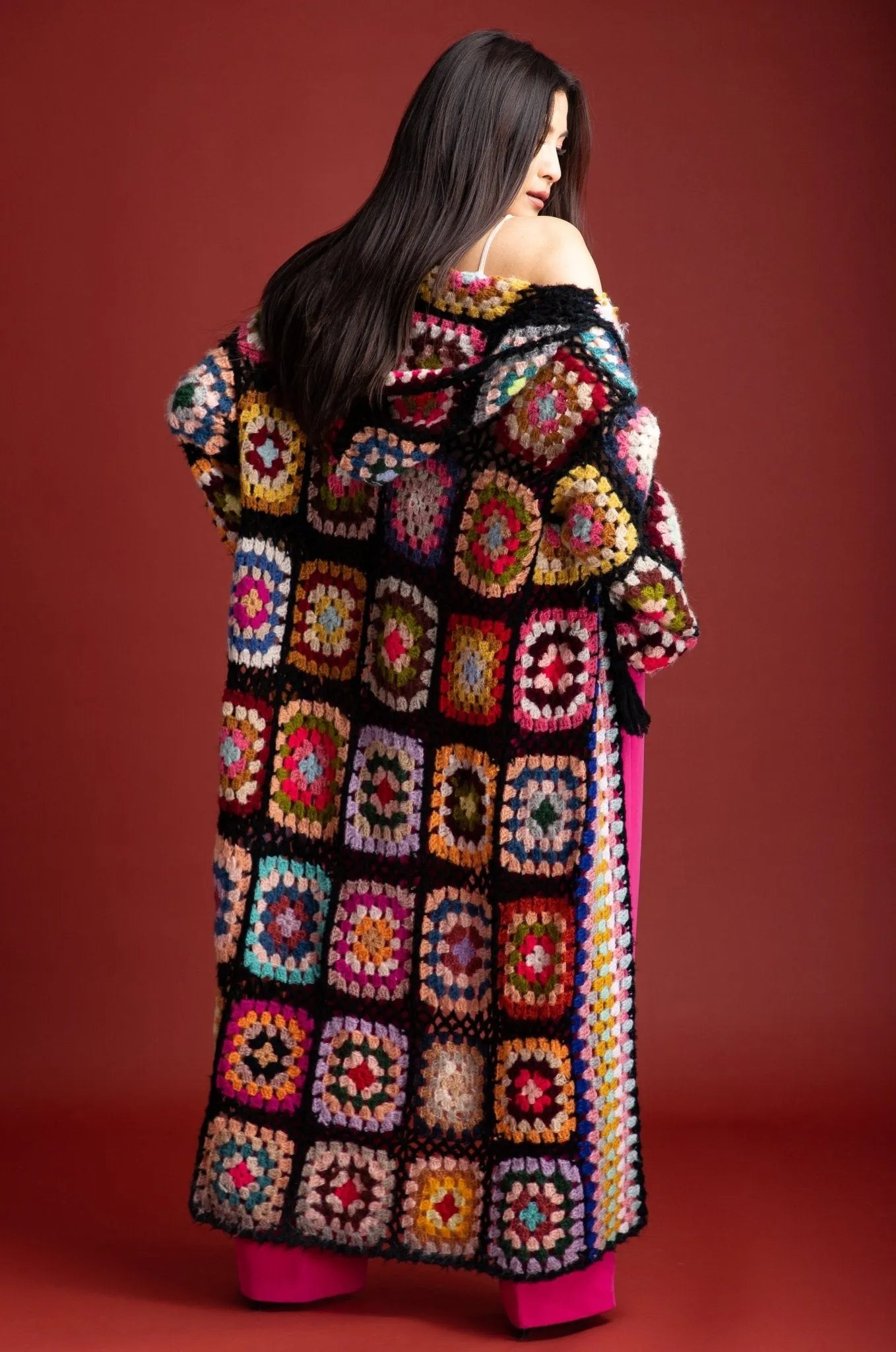 Stylish Hooded Granny Square Crochet Kimono Cardigan - Boho Chic Lace-Up Cover Up for Women - Perfect for Beach, Festival & Casual Wear
