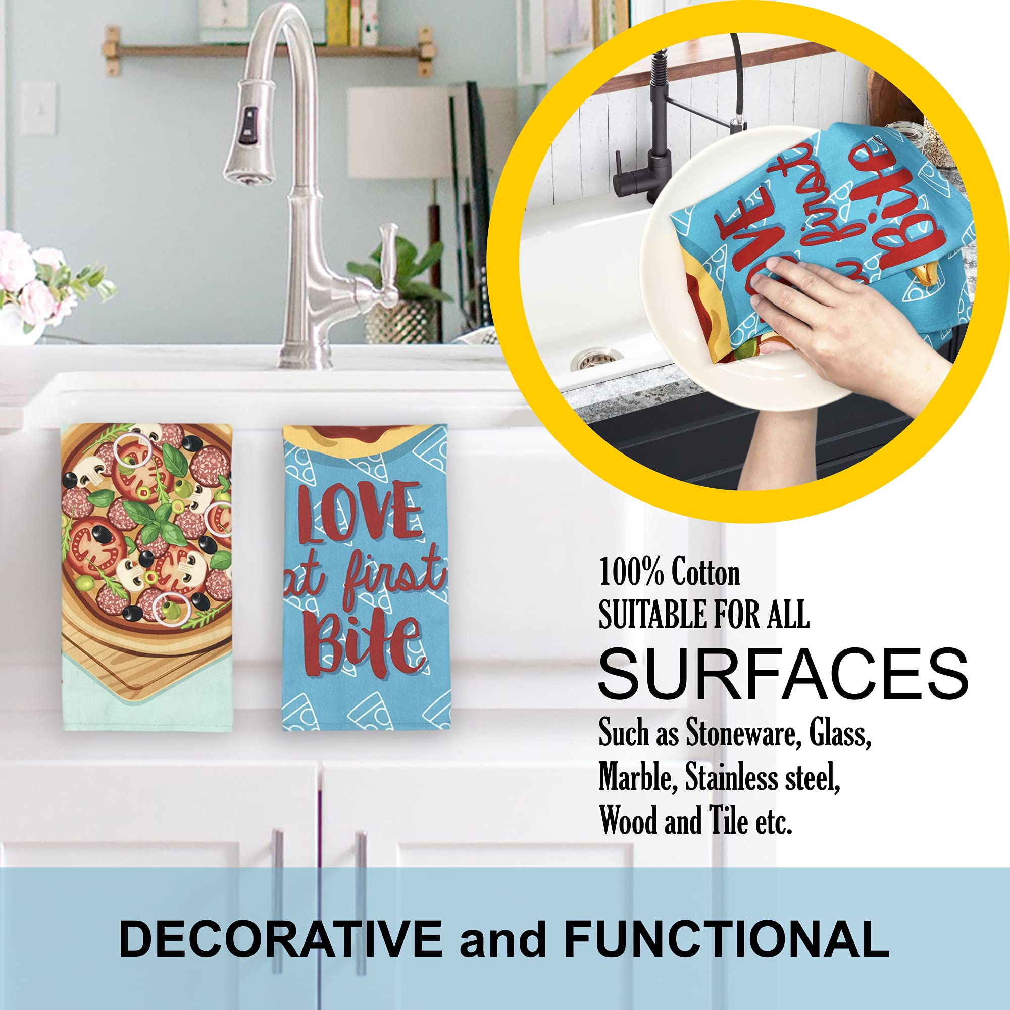 Eleville Funny Pizza Theme Kitchen Towels Set of 4 - Absorbent Dish Cloths & Decorative Hand Towels for Kitchen - Perfect Housewarming Gift for Mom & Friends - Ideal for Cooking, Baking & Holiday Decor (KTN006)