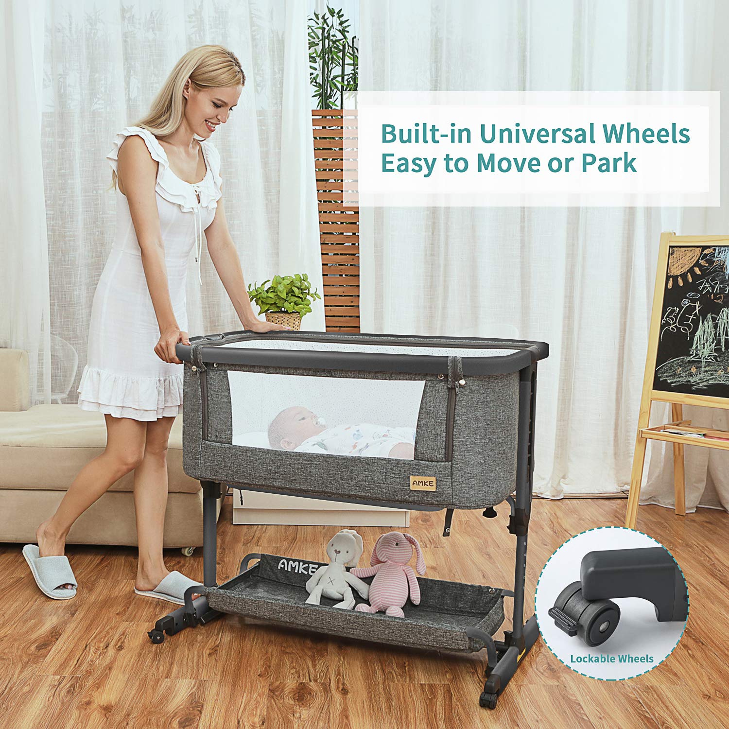 AMKE 3-in-1 Baby Bassinet with Storage Basket - Adjustable Bedside Sleeper Crib for Newborns & Infants, Breathable Mesh Portable Baby Bed - Perfect for Nursery, Bedroom & Travel (Easy Assembly)