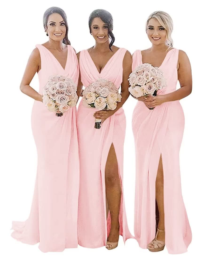 Elegant V-Neck Chiffon Bridesmaid Dress with High Slit - Formal Evening Party & Wedding Mermaid Gown for Prom, Homecoming, and Special Occasions