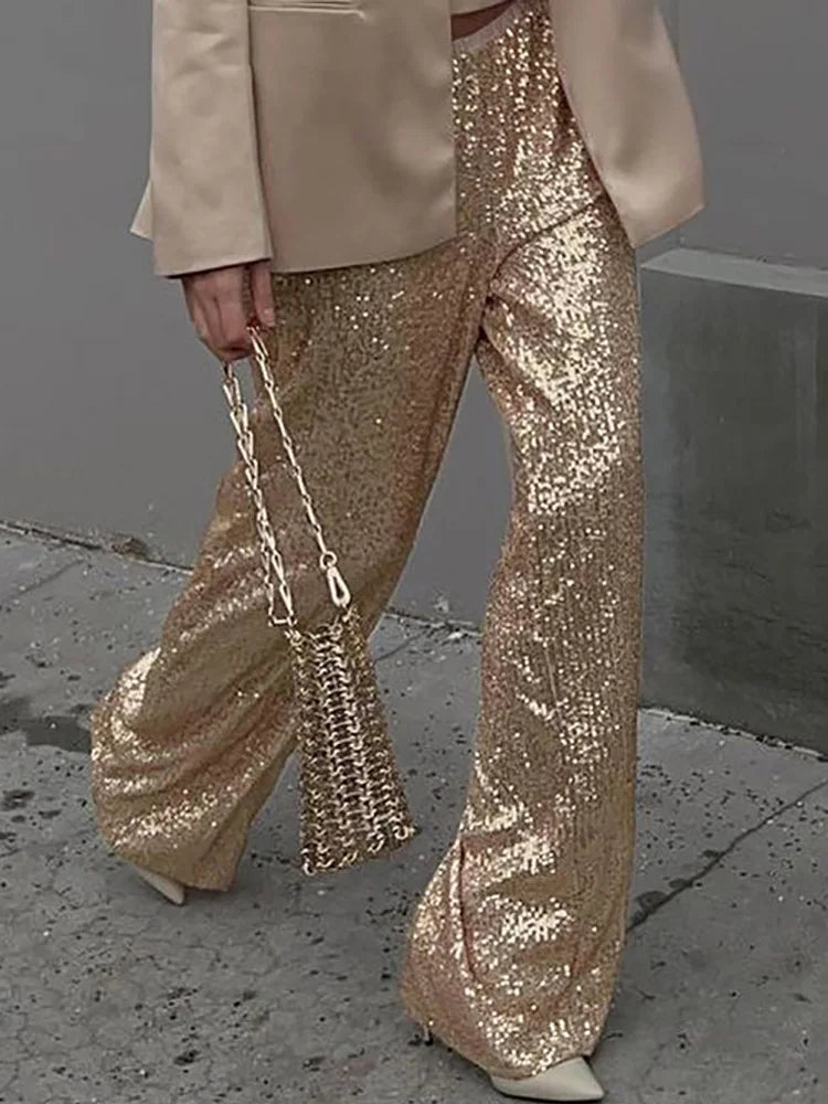 Women's Elastic Waist Patchwork Sequined Trousers - Loose Fit Streetwear Long Pants for Spring/Summer | Chic Straight Leg Pants for Casual Outings, Parties & Fashion Street Style