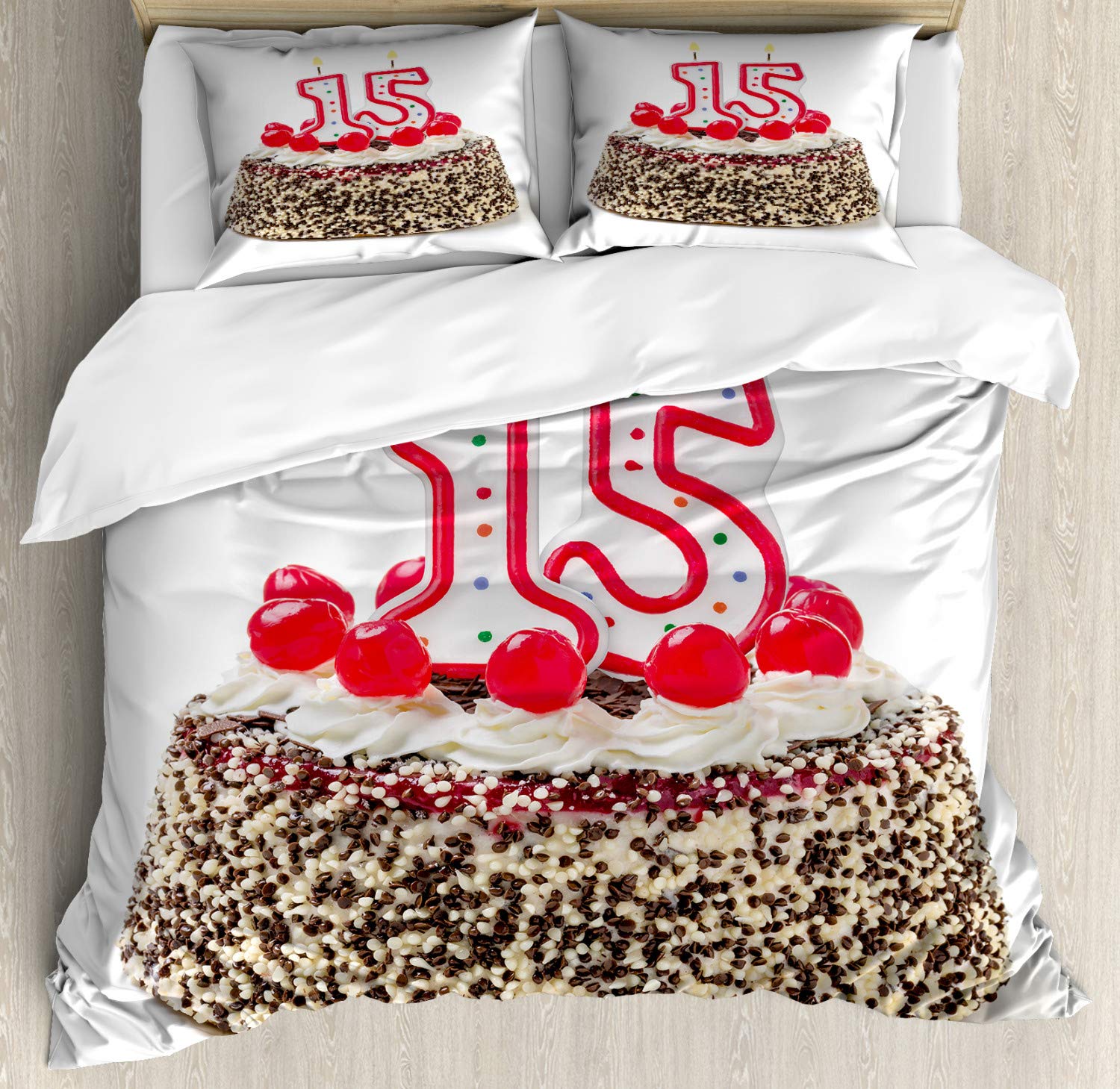 Ambesonne 15th Birthday Duvet Cover Set - Chocolate Cherry Cake with Number Candles, 3-Piece California King Bedding Set with 2 Pillow Shams, Vibrant Multicolor Party Theme - Perfect for Teen Birthday Surprise Parties & Room Decor