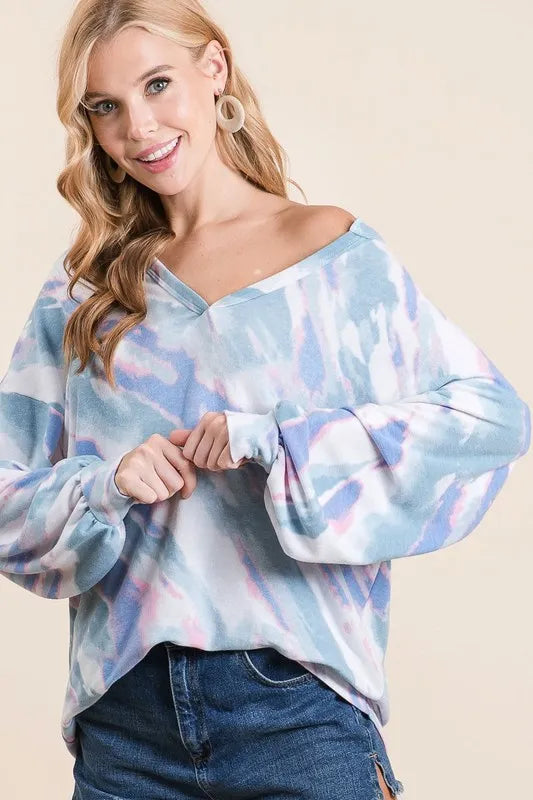 BiBi Tie Dye French Terry Oversized T-Shirt with Balloon Sleeves | Women's Casual Loungewear Top for Yoga, Beach & Everyday Wear