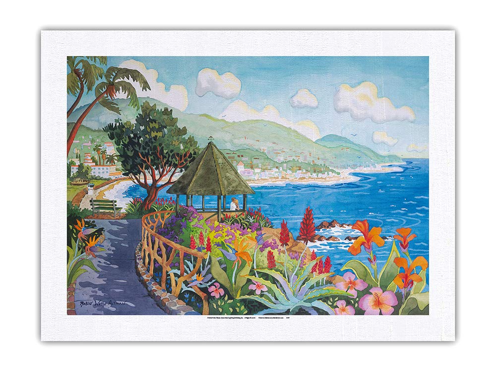 Laguna Beach Gazebo and Flowers Watercolor Print - 100% Pure Silk Dupioni Fabric 24x32in - Coastal Wall Art for Home & Office Decor - Heisler Park California Seaside Ocean View Painting