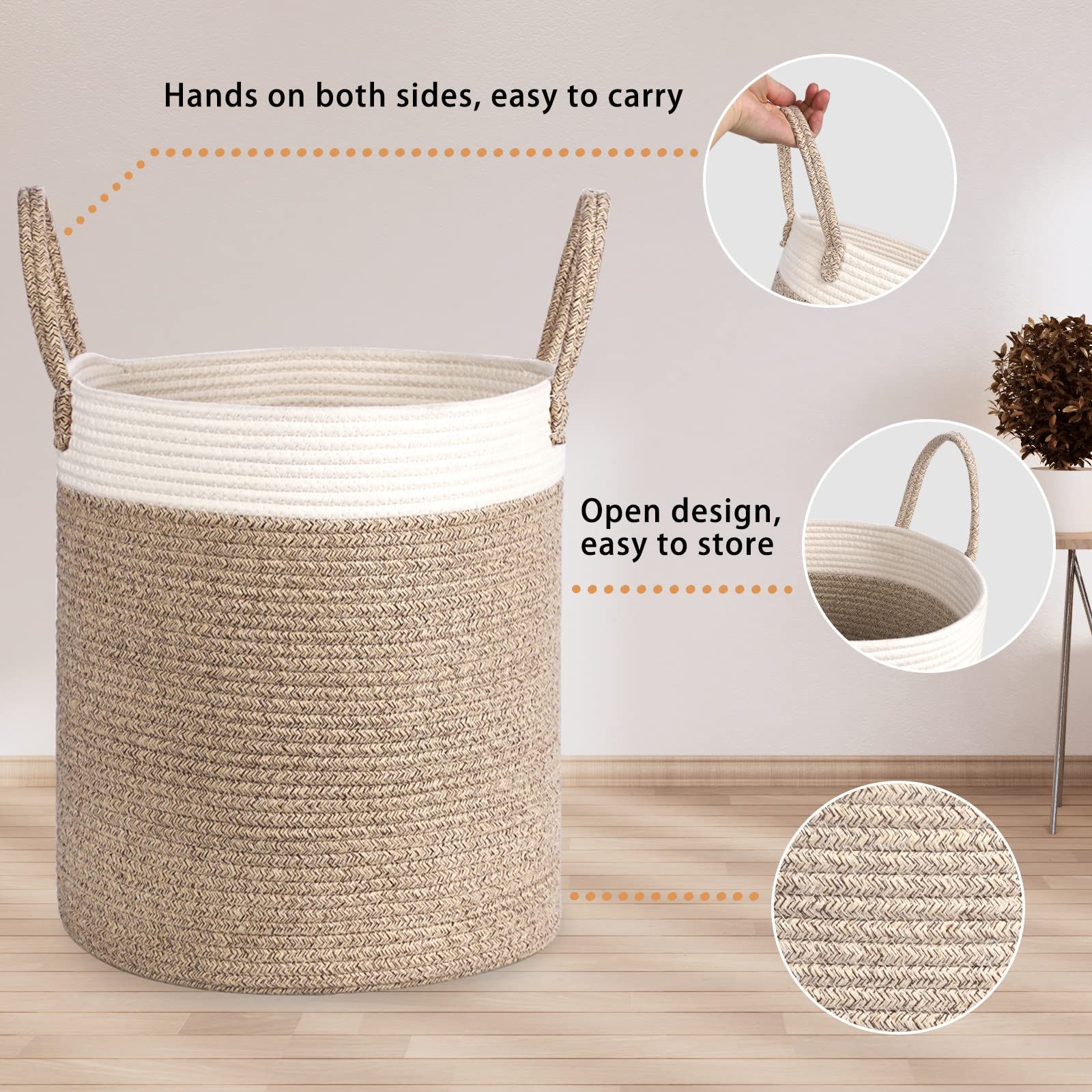Tesmien Foldable Woven Laundry Basket & Toy Storage Organizer - Large Cotton Rope Hamper with Handles for Nursery, Baby Room Decor (35x40cm, Khaki+White) - Perfect for Kids' Toys, Blankets & Clothes Storage
