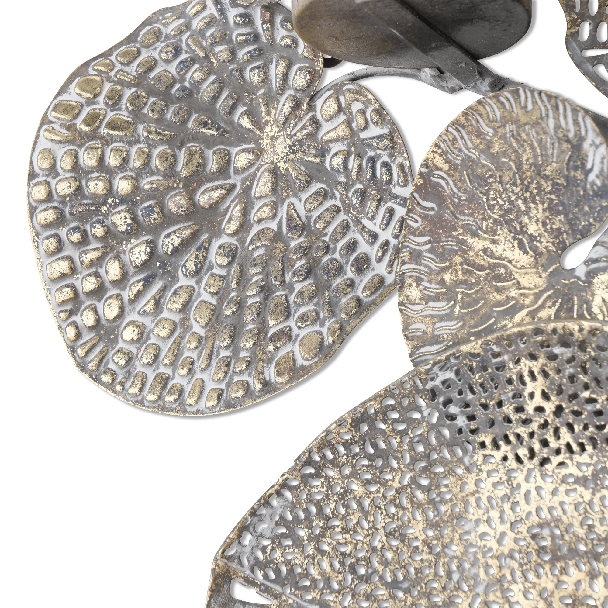 Modernist Botanical Metal Wall Art Sculpture - 4 Candle Abstract Bas Relief with 21 Layered Leaves, Tonal Gold Gilt & Antique Silver Finish, Hand-Welded Patina Decor (41.25x28.25 Inches) - Perfect for Living Room, Bedroom, or Office Decoration