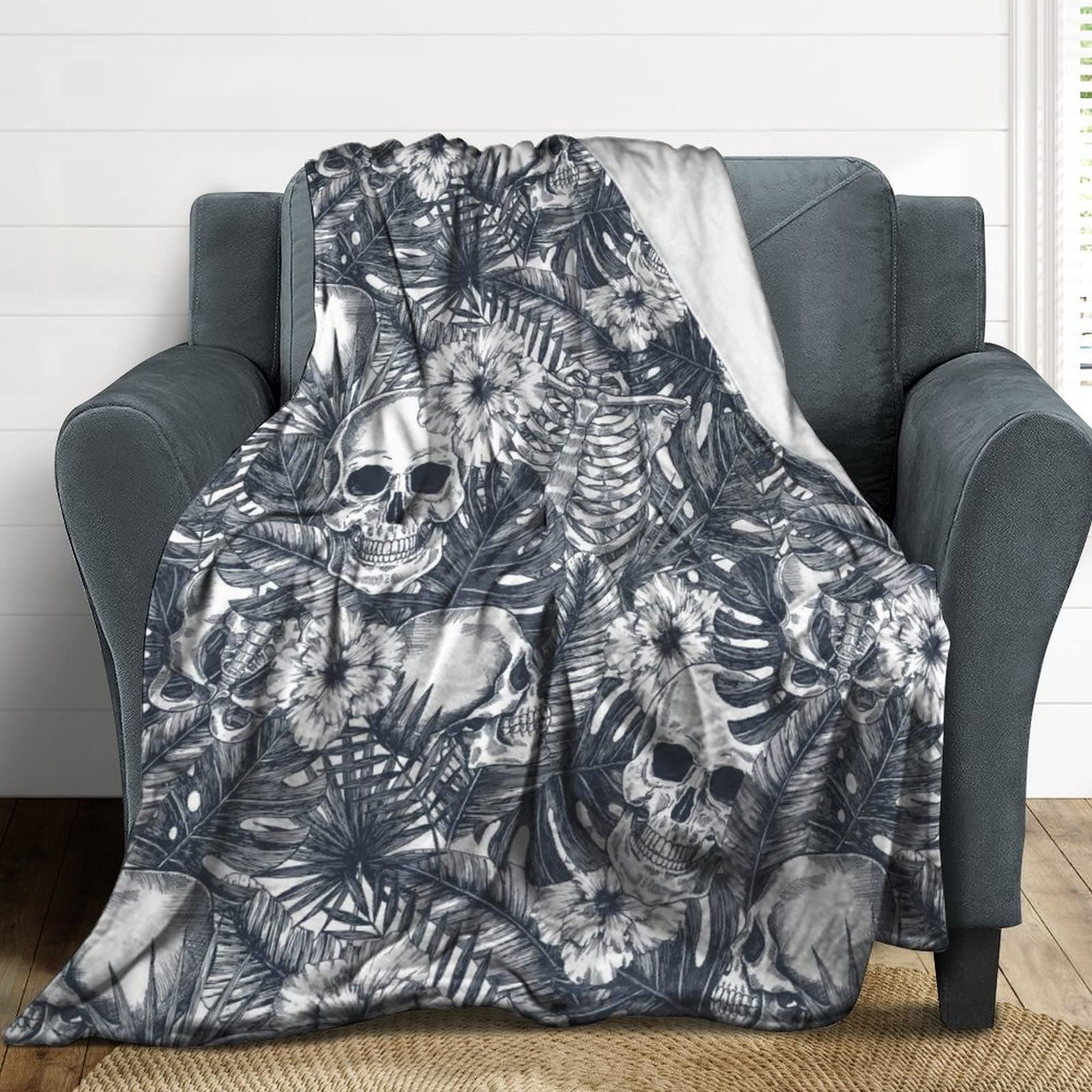 **Halloween Tropical Vintage Jungle Skull Floral Soft Fleece Baby Blanket – 50
