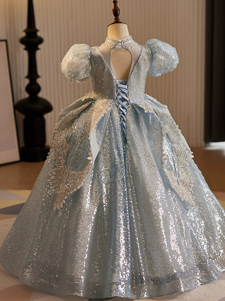 Elegant Blue V-Neck Floor-Length Sequined Flower Girl Dress for Weddings & Special Occasions