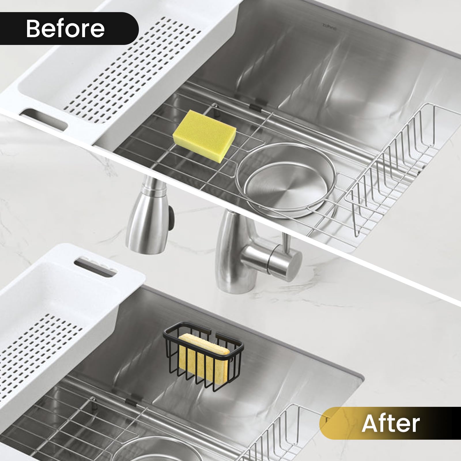 Stainless Steel Sponge Holder for Kitchen Sink - Strong Suction Cup & Adhesive Hooks - Sink Organizer Caddy for Sponges, Brushes, Soap - Perfect for Kitchen, Bathroom, RV (Black) | Durable & Rustproof Design for Daily Dishwashing & Cleaning
