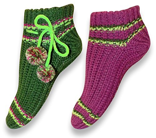 Women's Non-Slip Crochet Knitted Slipper Socks with Pom Poms - Cozy House Shoes for Winter, 2-Pack - Perfect for Indoor, Lounge, and Gift Giving