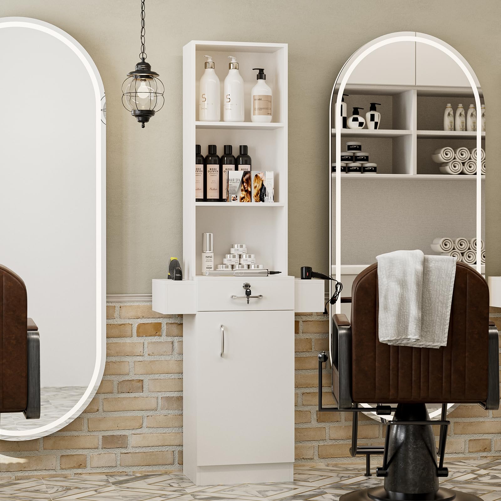 Professional Hair Salon Storage Station - White Barber Cabinet with 3 Open Shelves, 1 Lockable Drawer & 6 Hair Dryer Holders | Stylist Equipment Organizer for Salon, Barbershop & Home Beauty Station