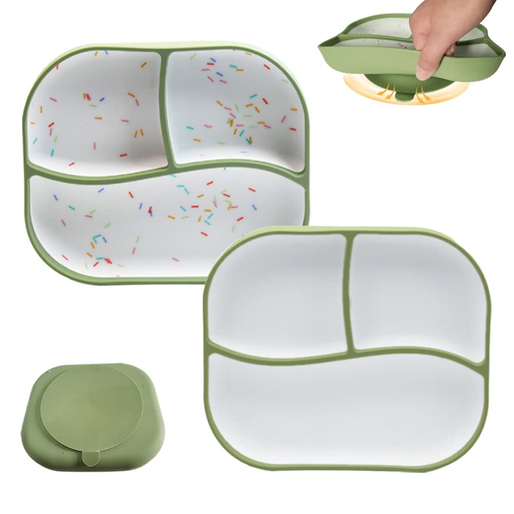 Non-Slip Silicone Suction Plates for Toddlers & Babies - 100% Food Grade, BPA Free - Divided Section Design for Picky Eaters - Dishwasher & Microwave Safe (2-Pack, White) - Perfect for Highchair Dining, Travel & Mess-Free Mealtime
