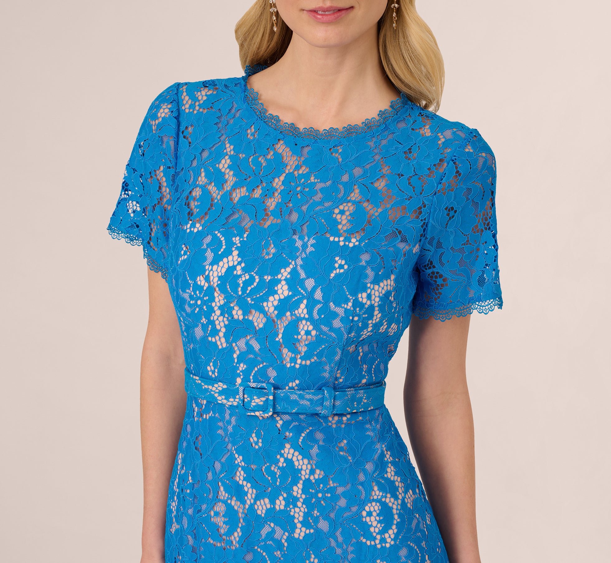 Blue Wave Short Sleeve Belted Lace Midi Dress for Women - Summer Beach Wedding Party & Vacation Outfit