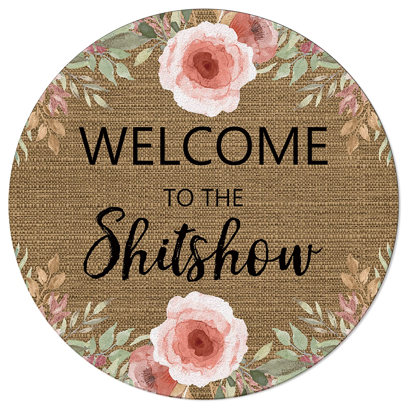 Abstract Modern Art 'Welcome to Shitshow' Area Rug - 4FT Round Washable Indoor/Outdoor Carpet for Bedroom & Living Room | Retro Flower Watercolor Design on Rustic Burlap Backdrop | Perfect Floor Mat for Home Decor, Dorm Rooms, and Photo Shoot Backgrounds