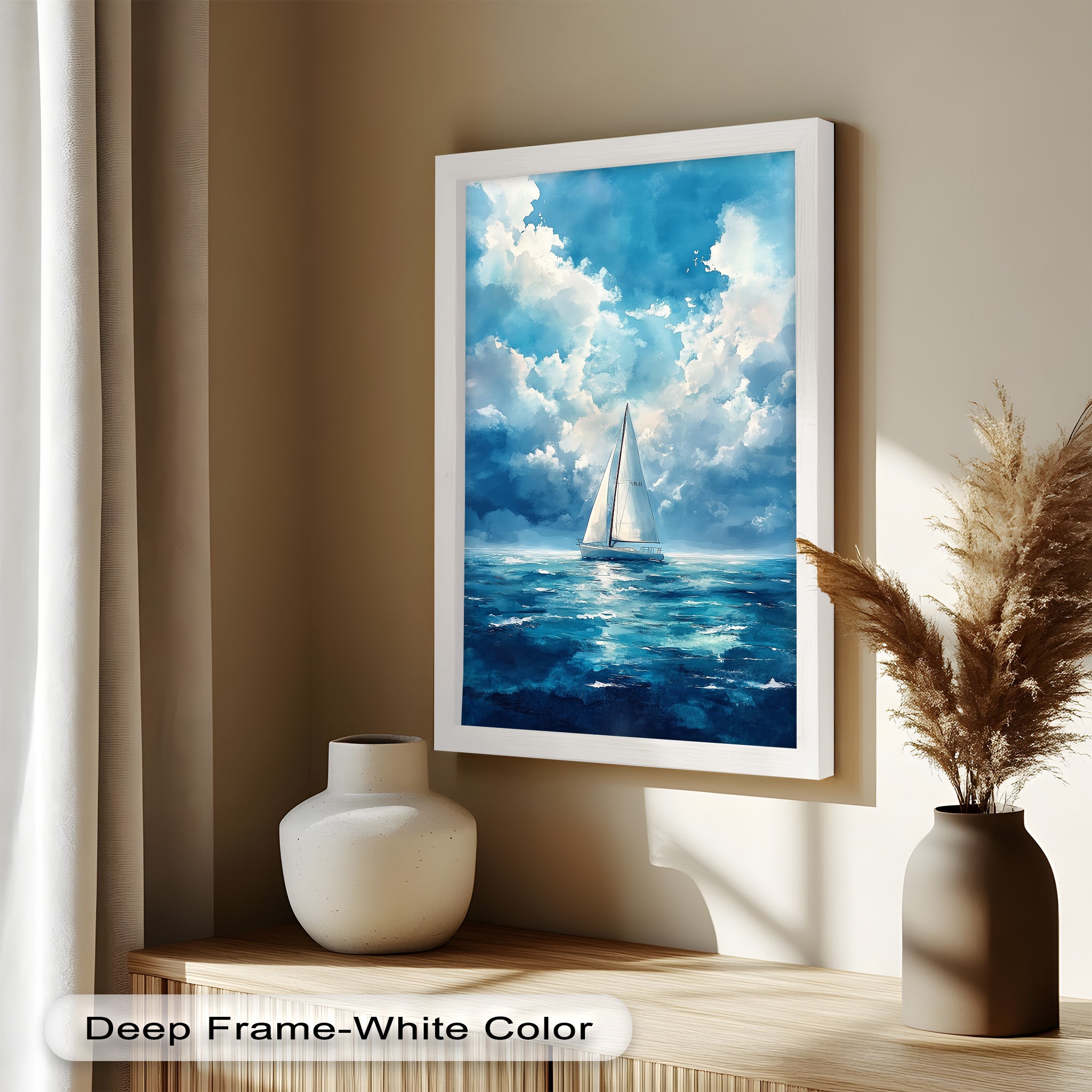 Blue Sky White Sailboat Oil Painting - Handmade Nautical Wall Art for Living Room, Bedroom & Office Decor