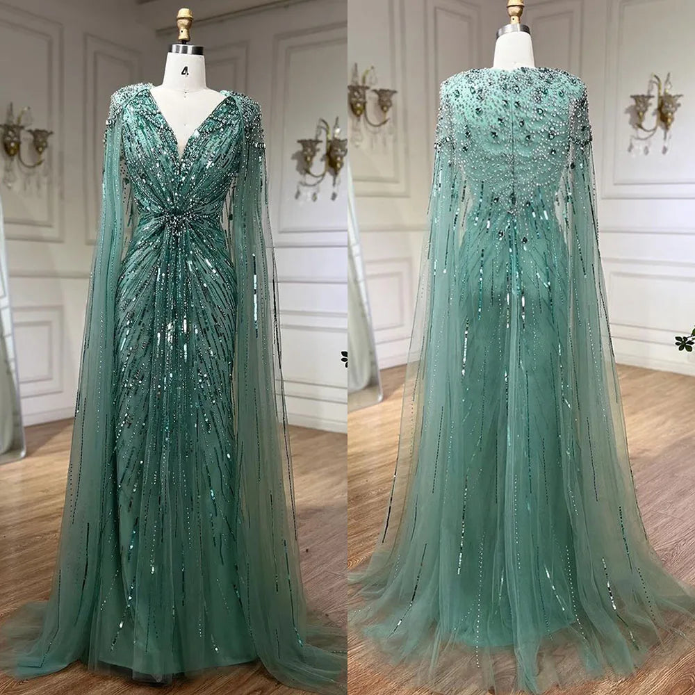 Serene Hill Arabic Turquoise Mermaid Beaded Cape Sleeves Elegant Evening Dress Gown 2025 for Women - Wedding, Prom, Gala & Special Occasion Formal Wear