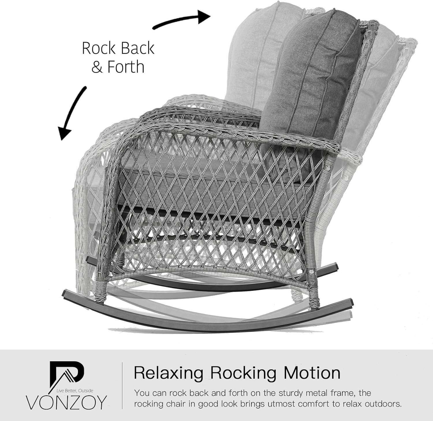 3-Piece Patio Furniture Set - Wicker Outdoor Rocking Bistro Set with Thick Cushions, Rocking Chairs & Coffee Table - Perfect for Porch, Backyard, Garden or Balcony (Grey) - Ideal for Relaxing, Entertaining & Outdoor Dining