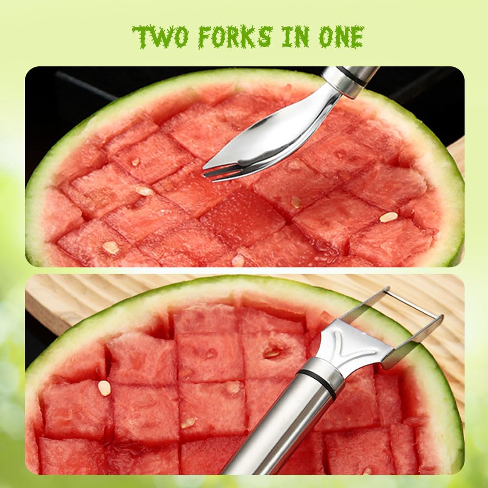 2024 New 2-in-1 Stainless Steel Fruit Cutter - Dual Head Watermelon Slicer & Fork - Kitchen Tool for Home, Camping & Picnics - Perfect for Summer Fruits Like Melons, Pineapples & Mangoes (Silver)