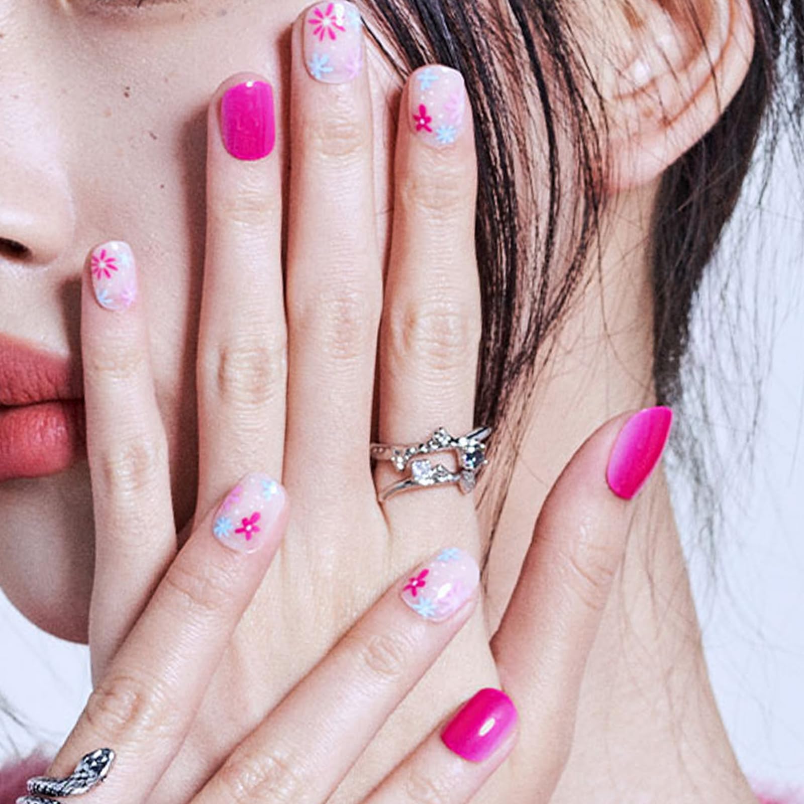 GLAMERMAID 24Pcs Press on Nails Extra Short Squoval - Spring Summer Hot Pink Flower Gel Fake Nails with Glossy UV Finish | Reusable Acrylic False Nails Manicure Kit for Women | Perfect for Parties, Weddings & Everyday Wear