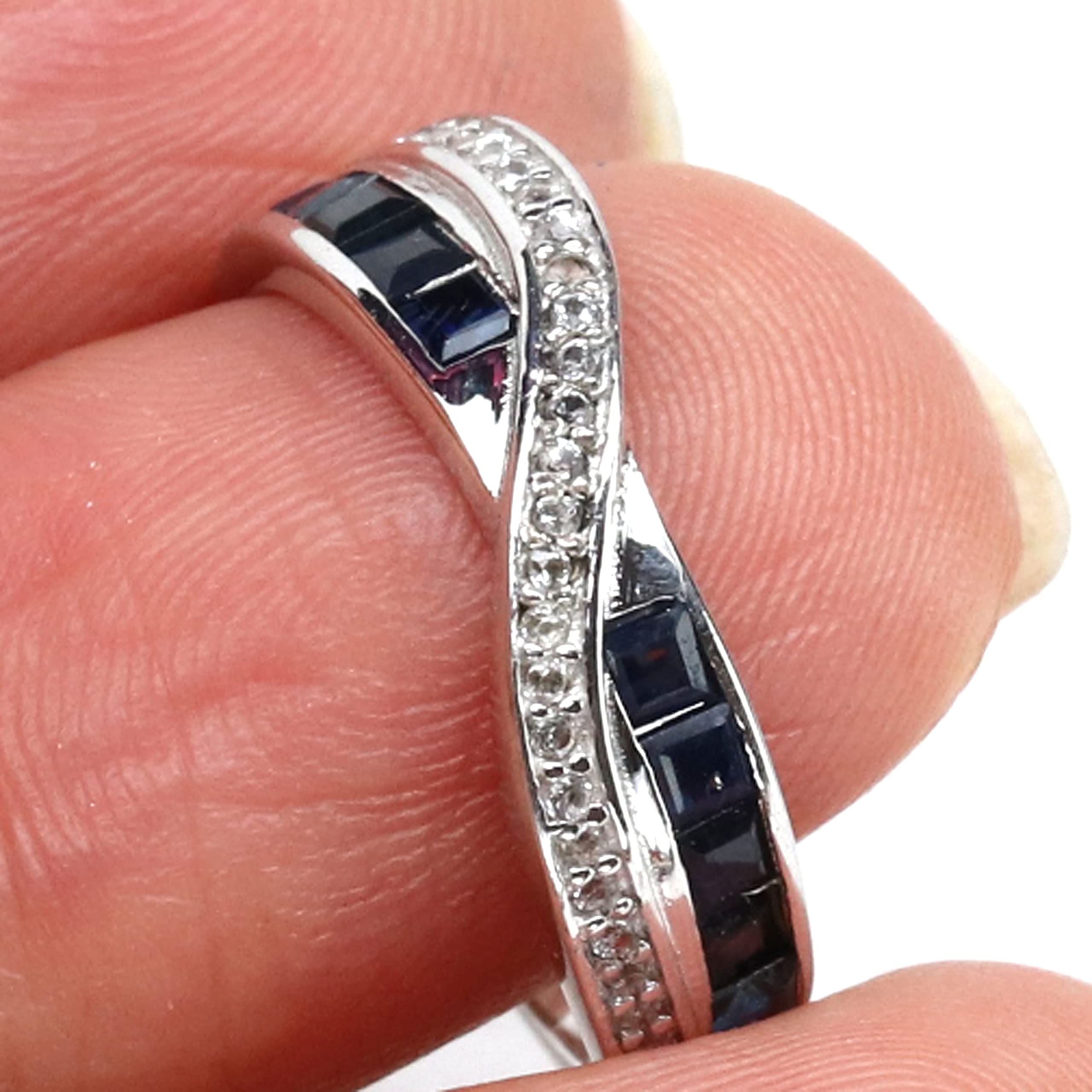 Blue Heated Sapphire & White Unheated Topaz Ring - 925 Sterling Silver Jewelry for Women, Elegant Gift for Anniversary, Birthday, or Engagement