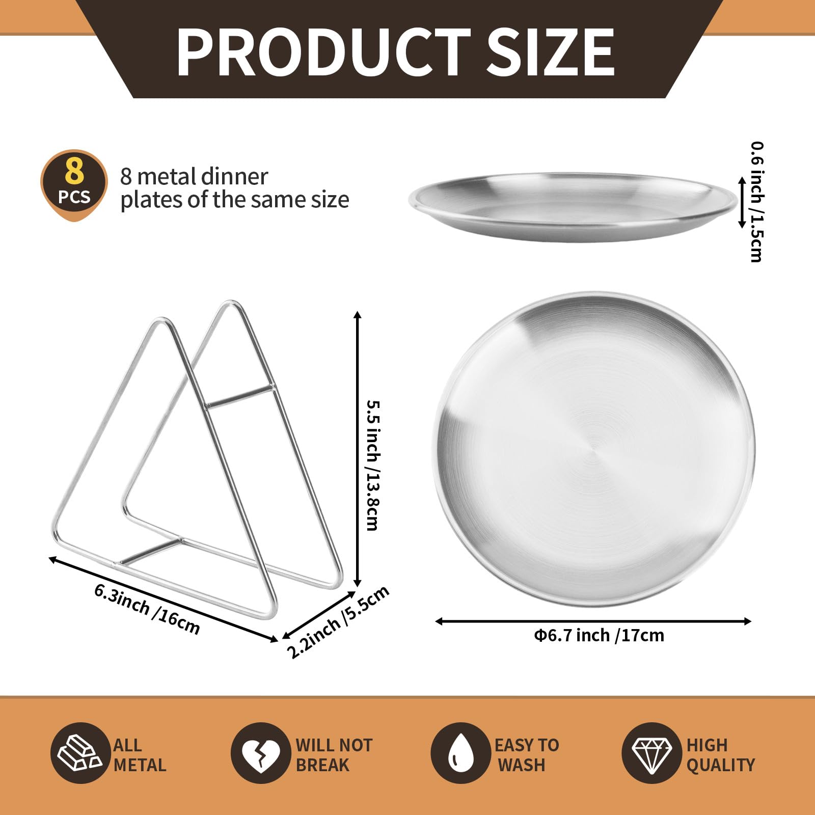 8-Piece 6.5-Inch Stainless Steel Appetizer Plate Set with Stand - Gold & Silver Round Serving Plates for Cakes, Desserts, Salads, Dips, Snacks, Side Dishes - Perfect for Parties, Weddings, Catering & Home Entertaining (Silver, 6.5 Inch)