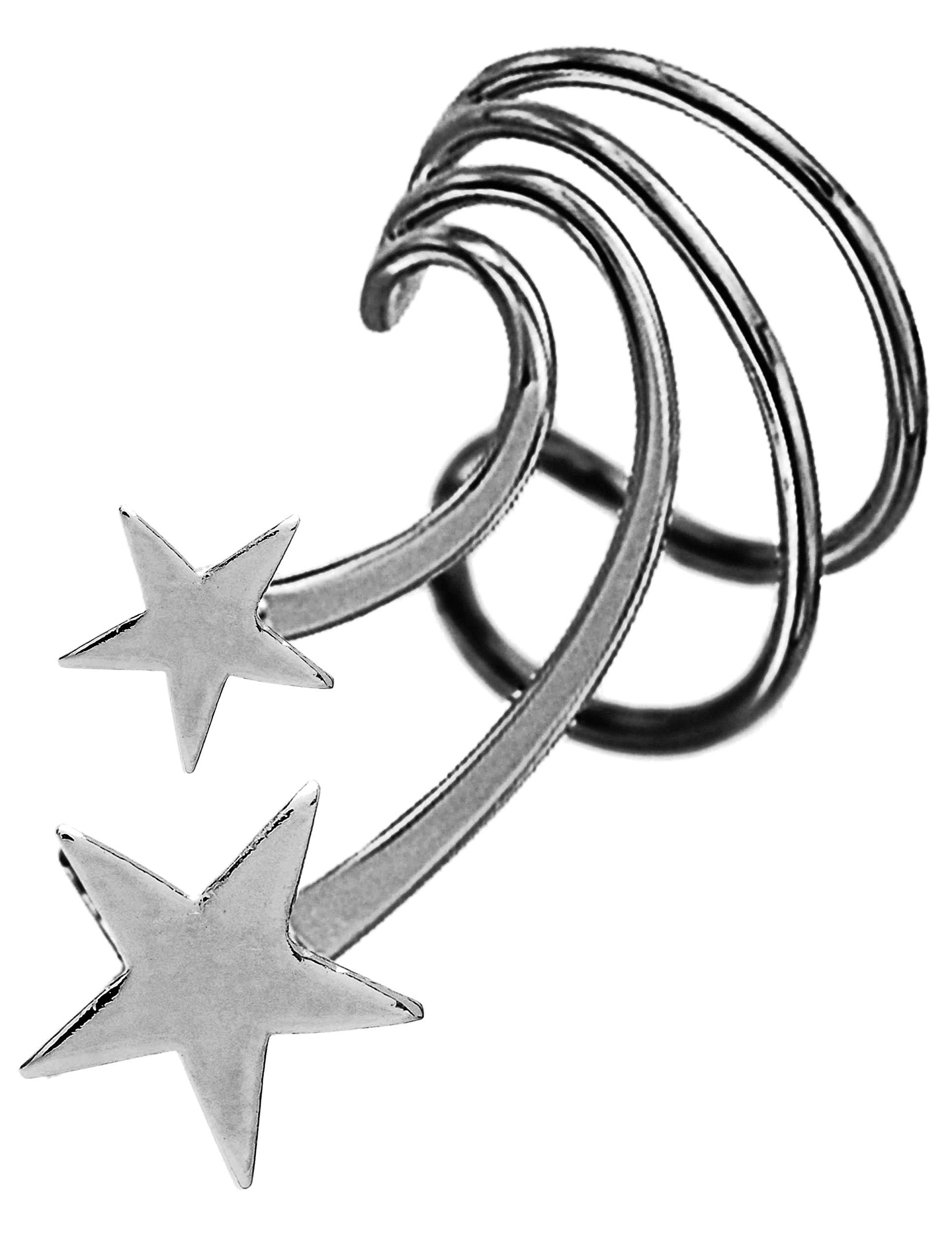 Ear Charms® Short Wave™ Double Star Ear Cuff - Non-Pierced Cartilage Wrap Earring for Left Ear - Rhodium Plated Sterling Silver - Perfect for Parties, Concerts & Everyday Boho Style