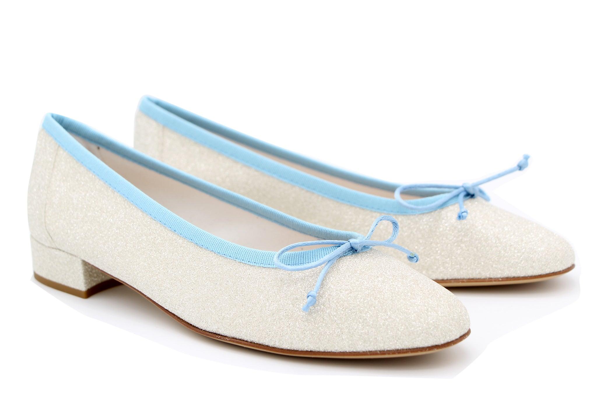 FABUCCI Women's Silver Shimmer Ballet Flats with Blue Trim - Comfortable & Stylish for Casual Wear, Office, and Parties