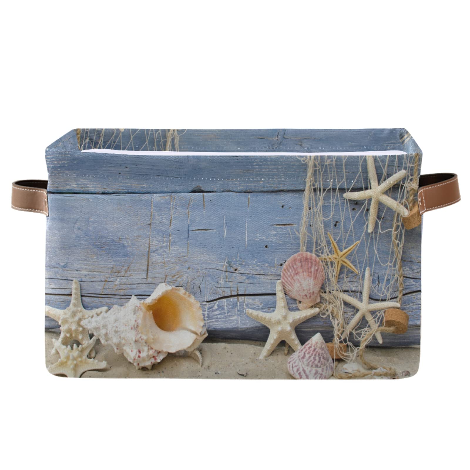 Collapsible Wooden Storage Baskets with Handles - Nautical Beach Decor Organizer for Nursery, Closet, Office & Home | Perfect for Summer Beach House Decor, Shell Collection Storage & Bedroom Organization (1 Pack)